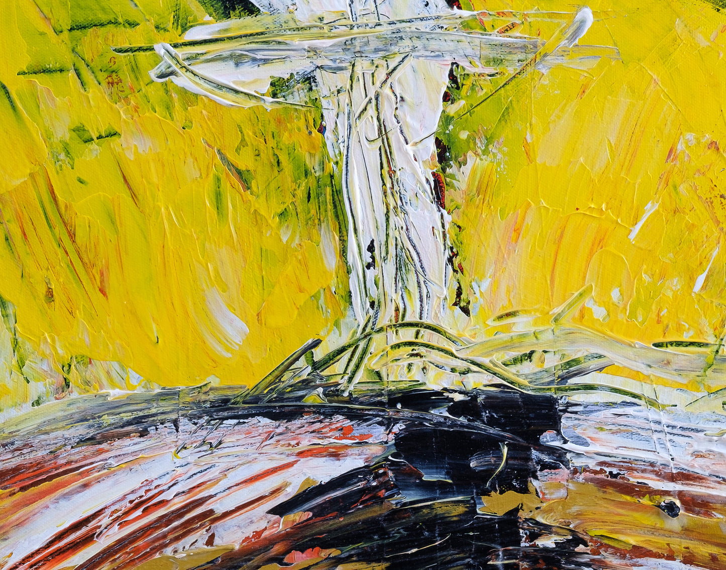 Detail of Peace on Earth showing white linear form, yellow field, and lower brushwork