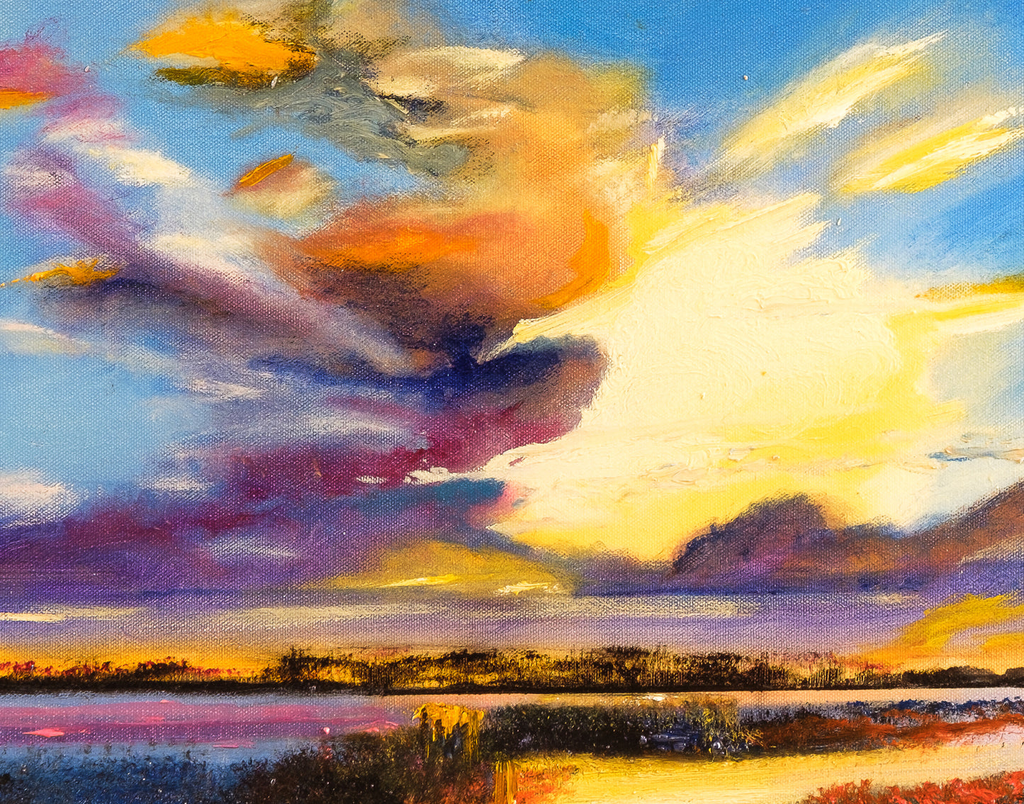 Detail of Heaven's Opening showing warm sky light over blue water and clouds