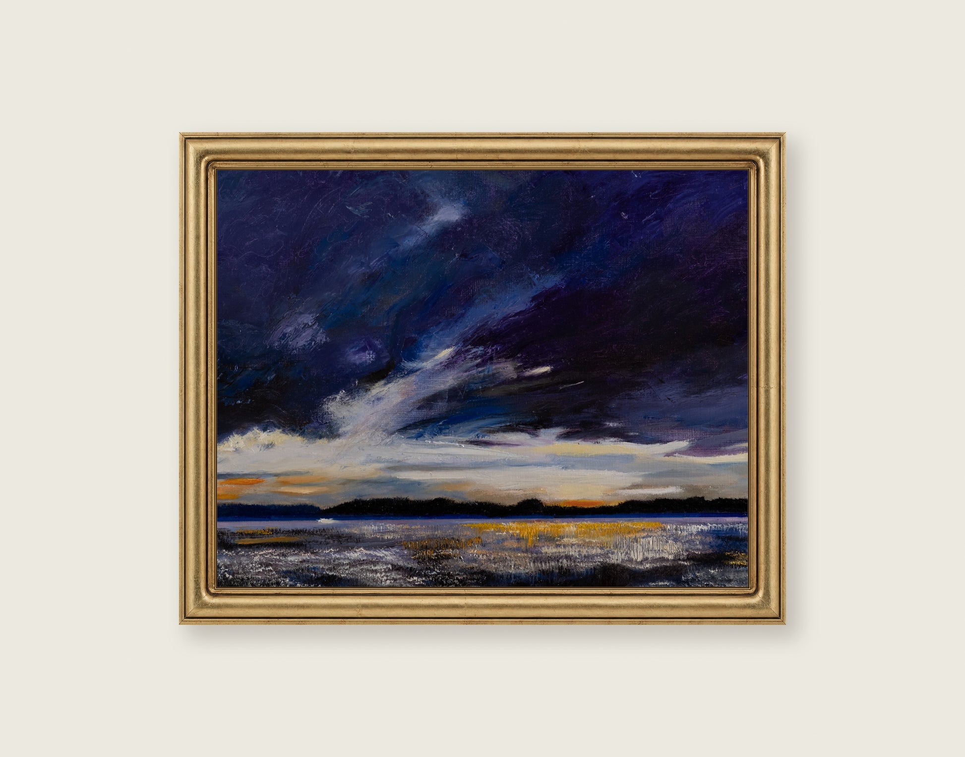 Thud of Distant Thunder framed in an antique brass frame for styling context