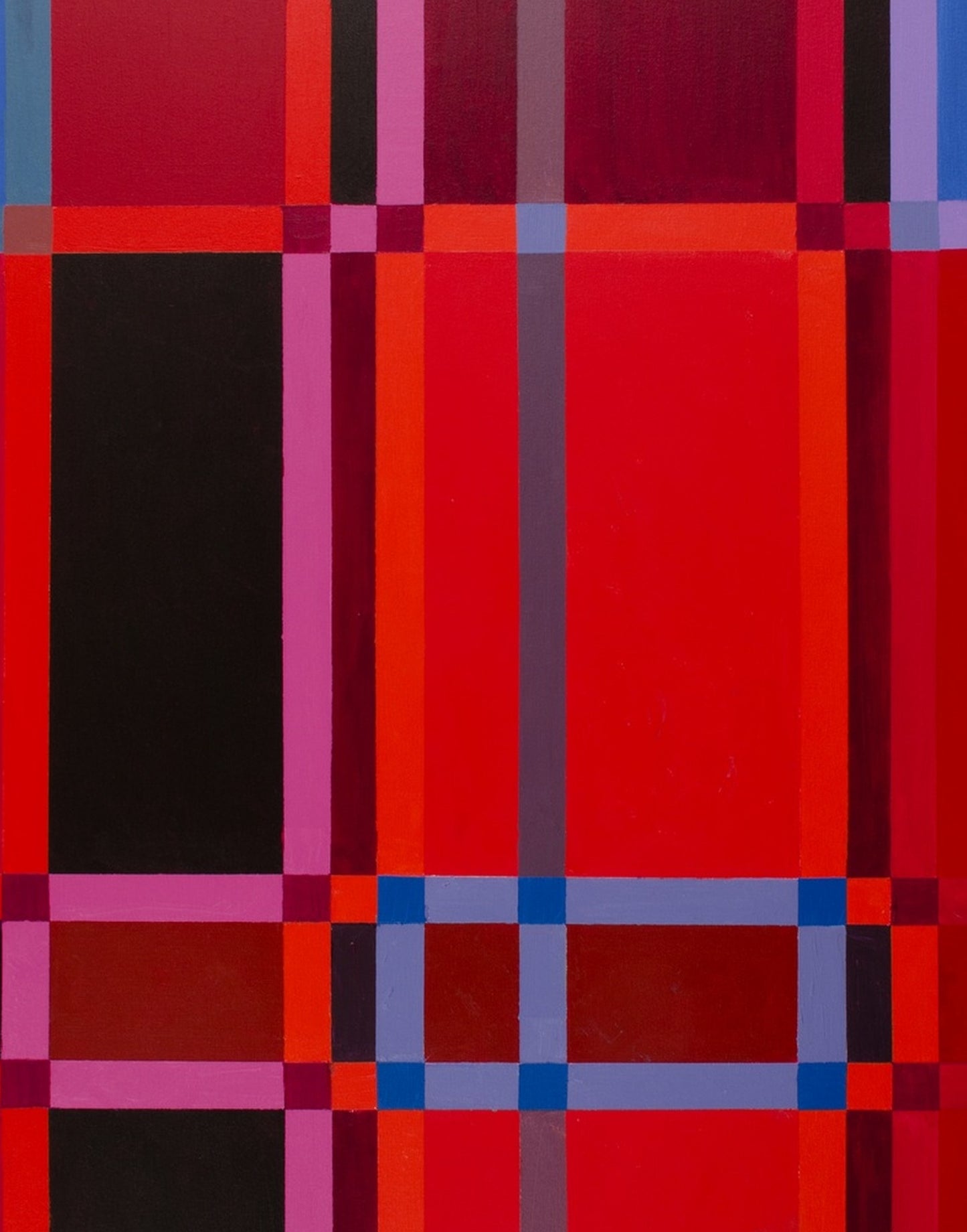 Detail of Love Rising Within showing red field, black field, blue and lavender structure, and paint surface