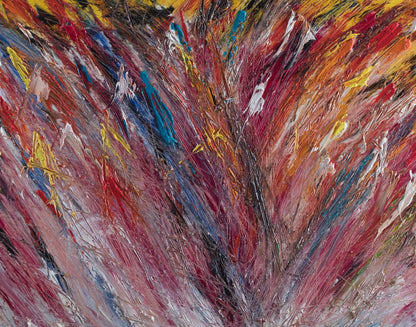 Detail of In the Weeds showing dense red, blue, black, and white linear paint texture