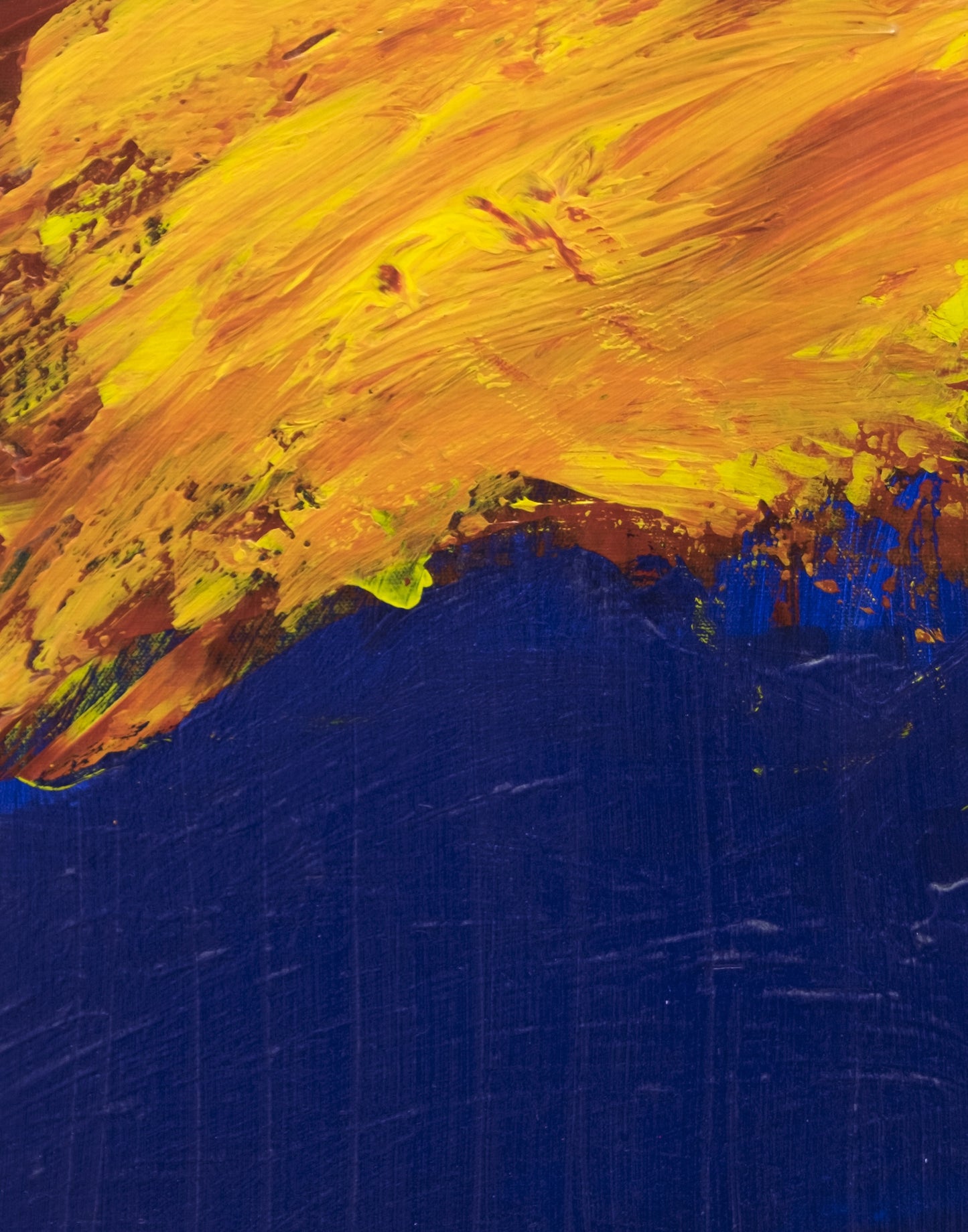 Detail of Transformed showing yellow, ochre, blue, and paint-surface interaction