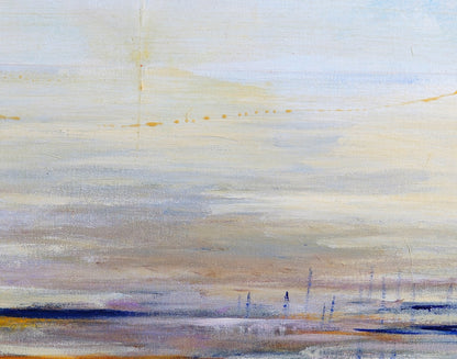 Detail of The Crossing showing the pale horizon, reflected color, and painted surface texture