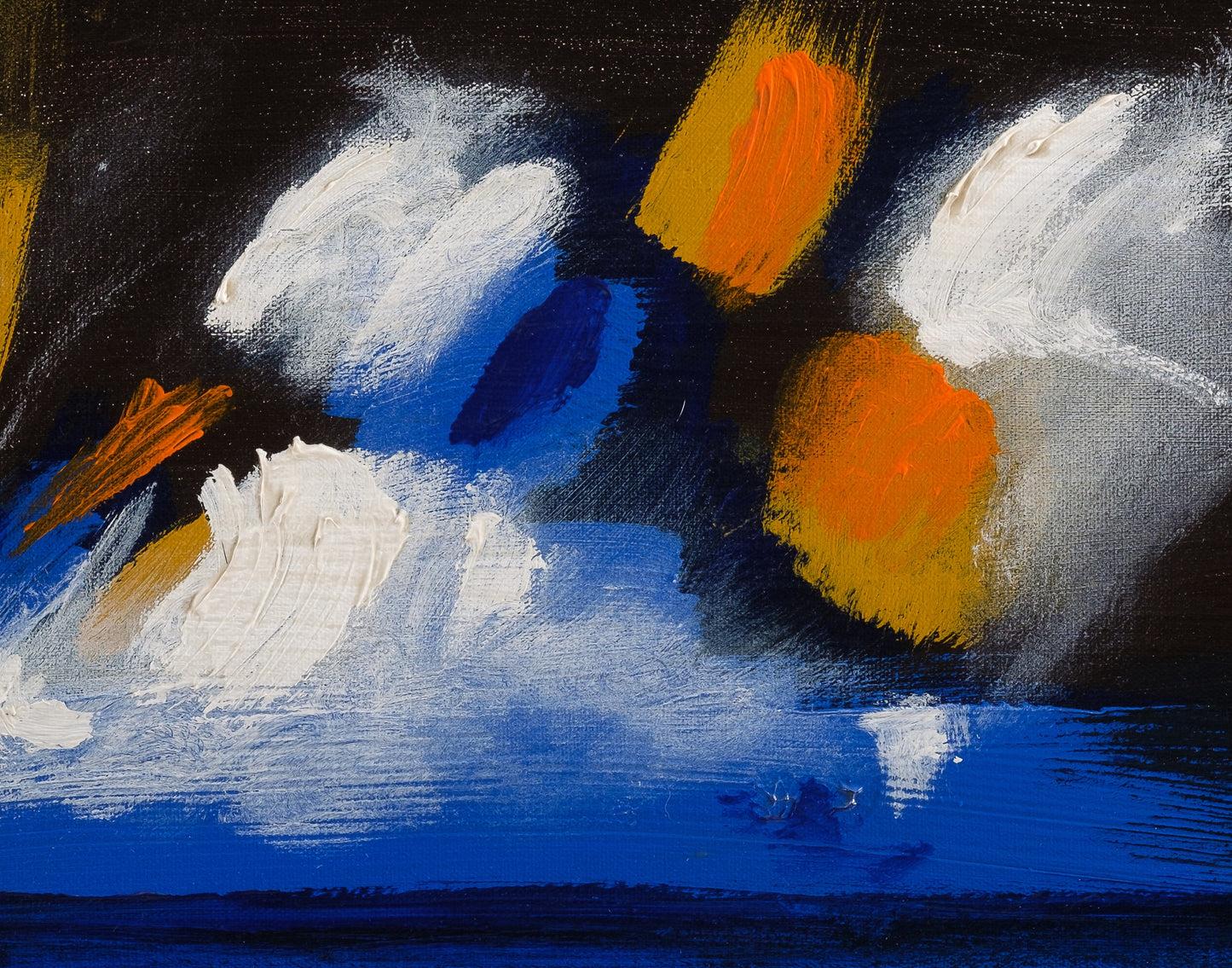 Detail of Dancing with Stars showing white, blue, orange, and black paint interaction