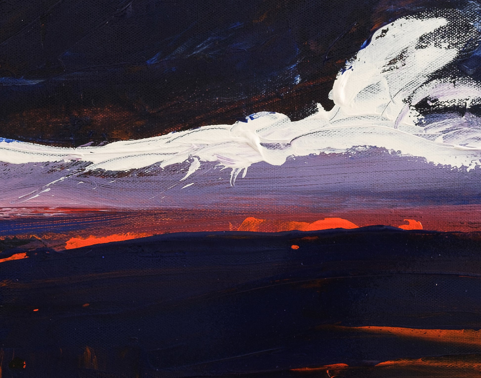 Detail of Daydream showing dark blue, white, purple, and orange paint texture