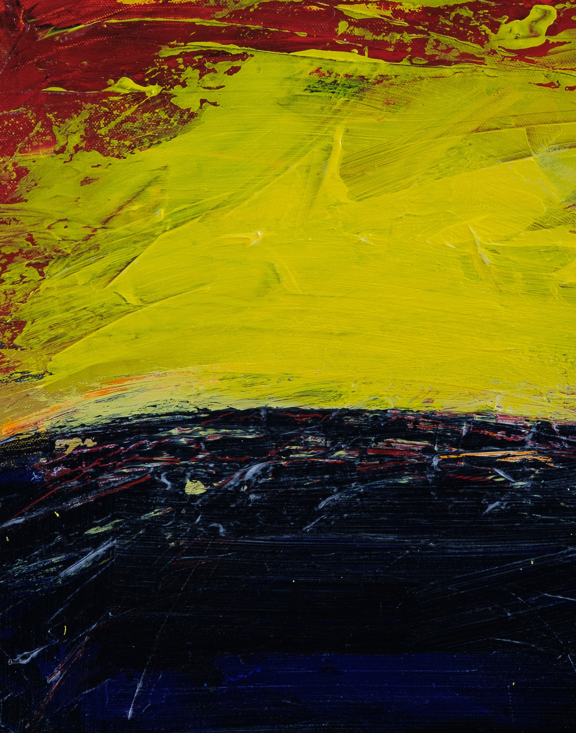 Detail of Sunset showing yellow field, red upper texture, and dark lower brushwork