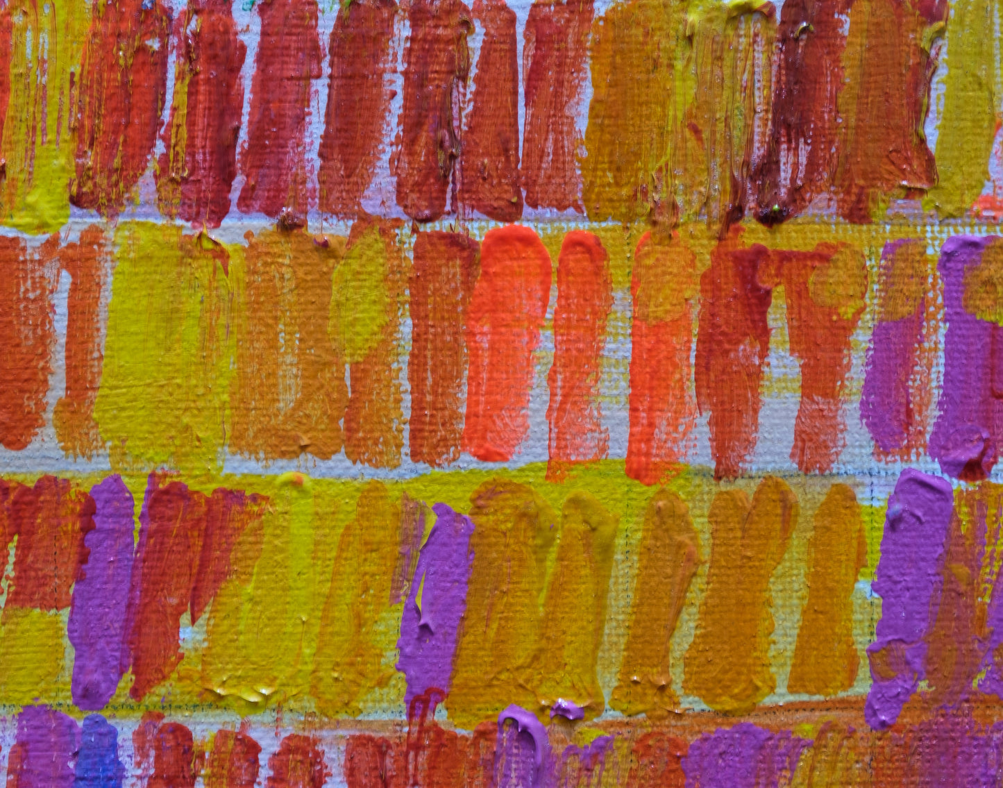 Detail of Red Rhythm showing red and blue paint interaction and surface texture