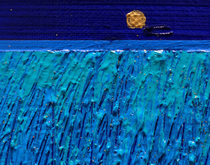 Detail of Moon Glow showing the moon-gold focal point and textured blue field