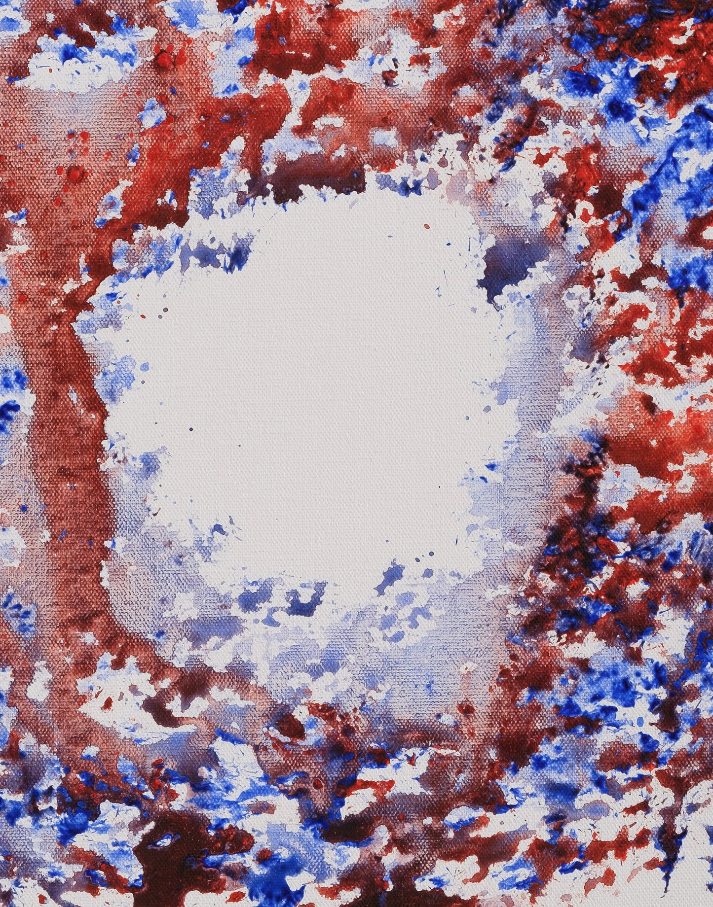 Detail of Paint is Painting showing canvas texture, red and blue paint interaction, and the central negative-space edge